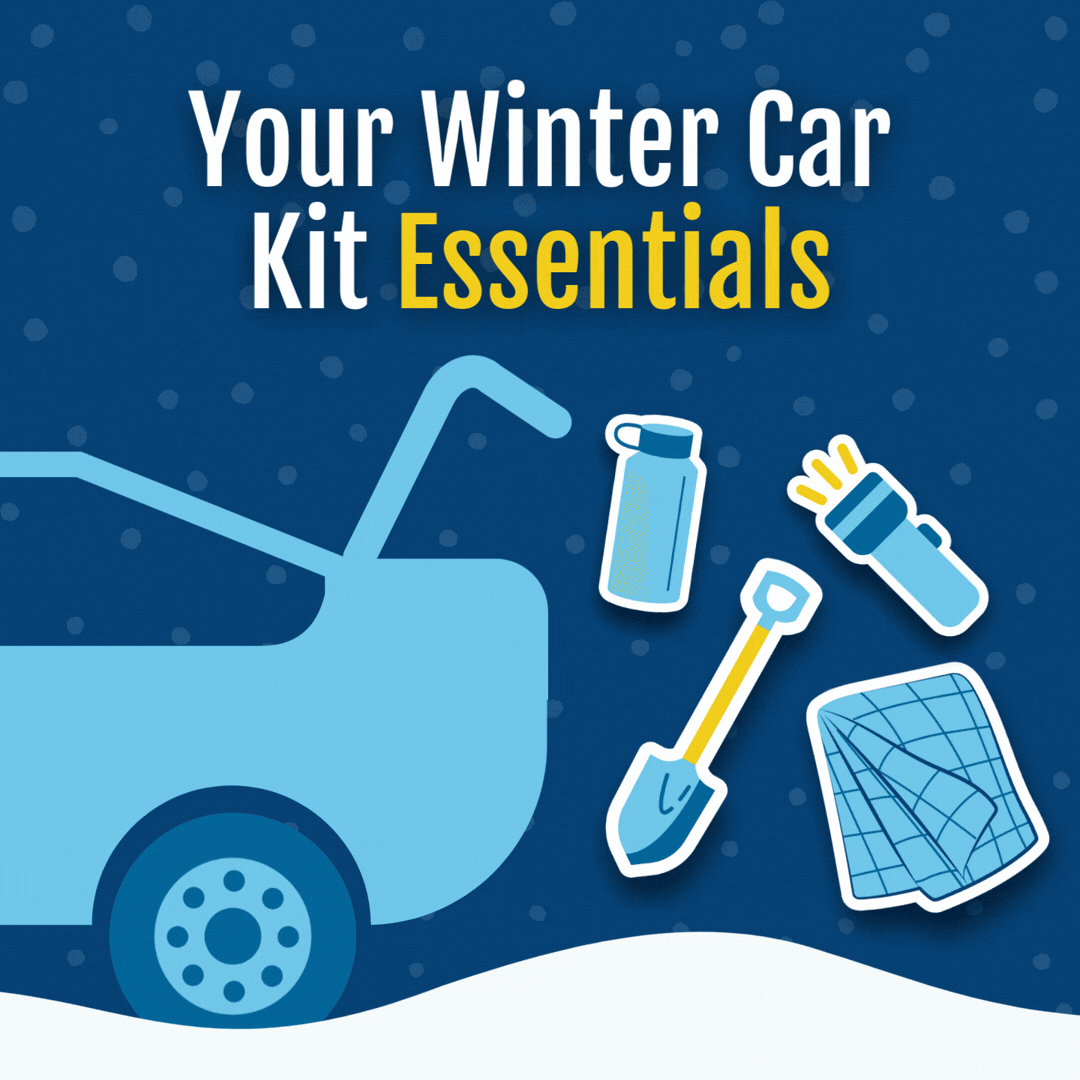 A graphic showing a car stuck in snow with essential items coming out of the trunk